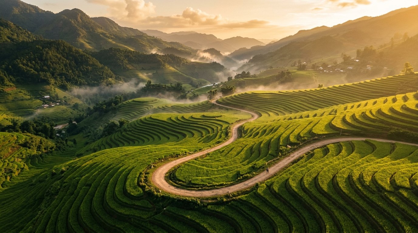 A winding path through golden rice terraces at sunrise